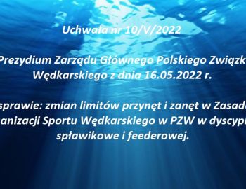 Uchwała nr 10/V/2022  Prezydium Zarządu Głównego Polskiego Związku Wędkarskiego  z dnia 16.05.2022 r.